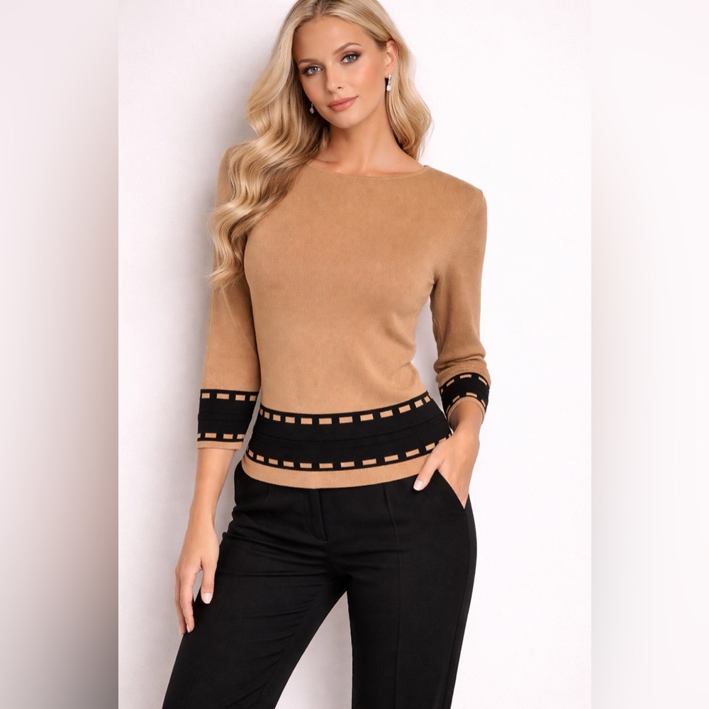 Sonia Knit Top Sz S Camel Black Trim 3/4 Sleeve Stretch Sweater NWT